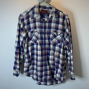 Vintage Kingsport Cotton Plaid Flannel, Blue, white, orange & green.